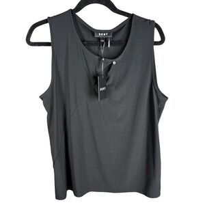 DKNY Tank Top Womens L Black‎ Keyhole Sleeveless Asymmetrical Seam
